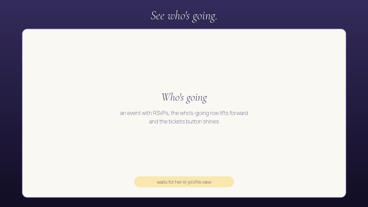 An event with RSVPs and the who's-going row, her favourite small feature, plus the tickets button.