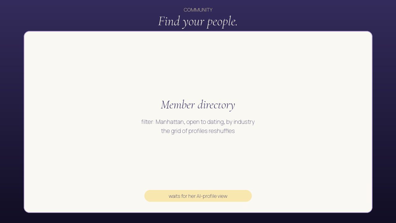 The member directory, "the cool part": filter to Manhattan, open to dating, by industry.