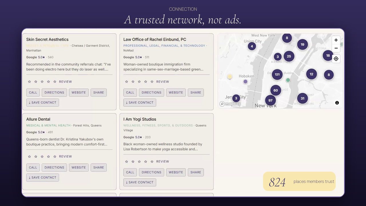 Referrals: the community recommends doctors, vets, lawyers; search, find, save the contact.